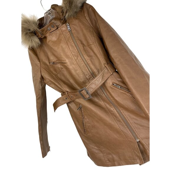 NWT LA Coalition Brown Faux Leather Coat Fox Fur Trim Hood Size S NWT RDD10672 - Picture 1 of 11